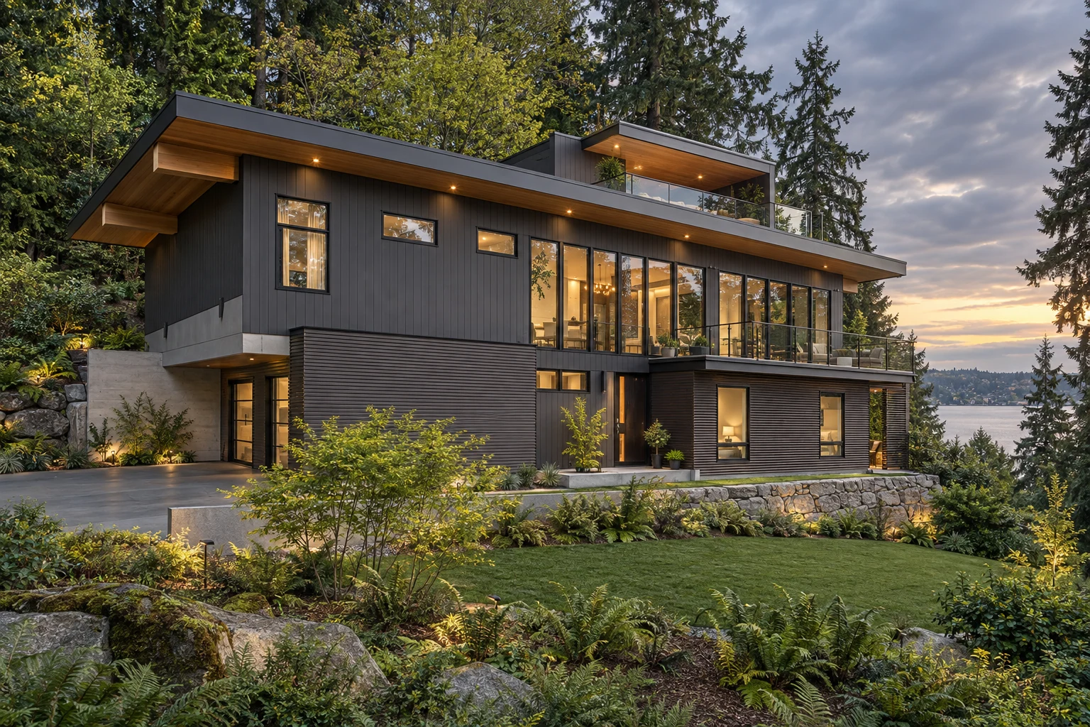 Completed contemporary waterfront home in its wooded setting at dusk