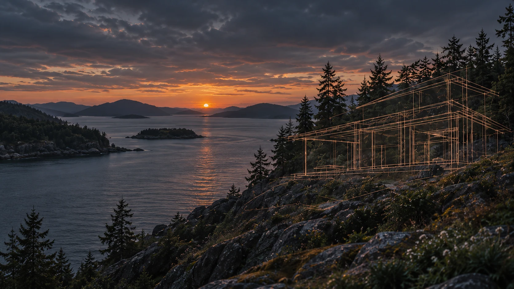 Copper architectural sketch over a Northwest waterfront landscape at sunset