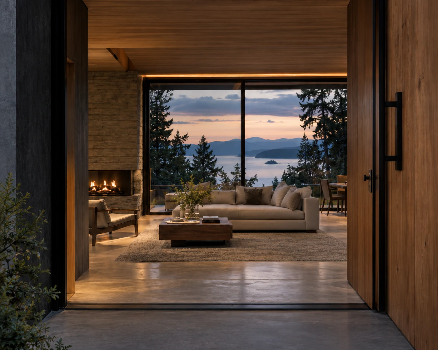 An open cedar doorway into a warmly lit living room overlooking Northwest water at dusk