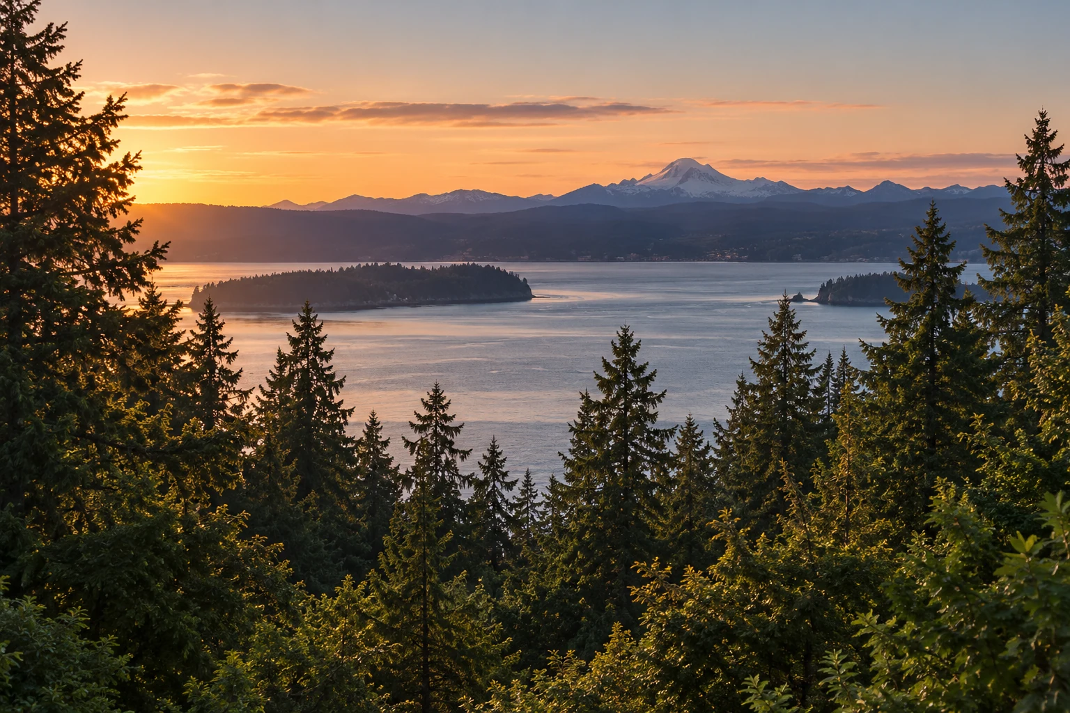 Evergreen hillside overlooking Northwest water and distant mountains