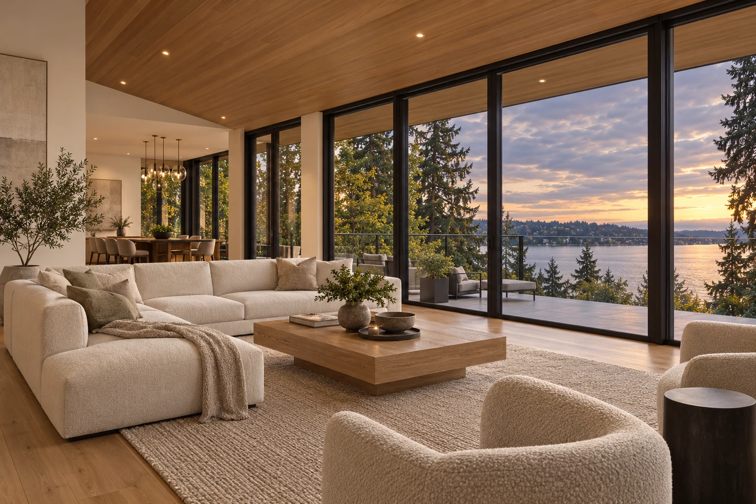Warm timber ceiling, natural fabrics and considered details in a waterfront living room