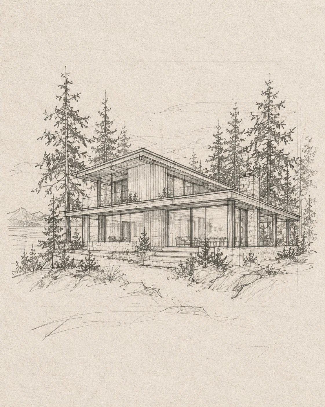 Hand-drawn architectural study on ivory drafting paper